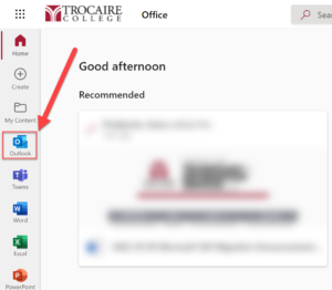 Screenshot of Office.com dashboard with arrow pointing to Outlook icon on left menu
