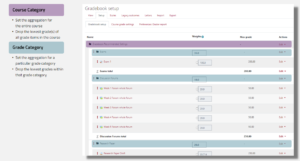 Screenshot of Moodle Gradebook with grade categories highlighted