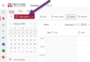 Screenshot of Outlook calendar (Outlook on the web) with arrow pointing to New even button