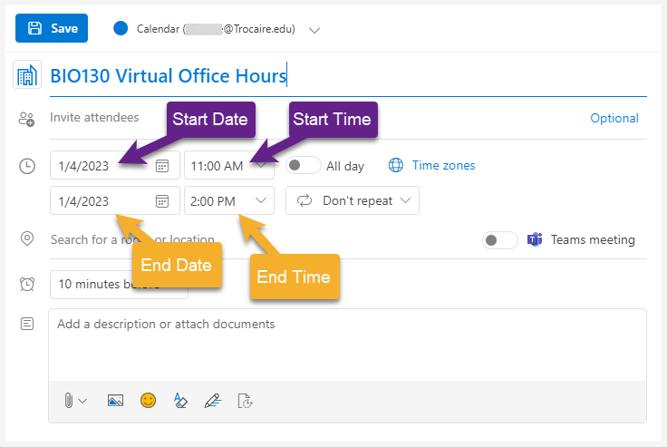 Screenshot of calendar event (Outlook on the web) with arrows pointing to start date, start time, end date, and end time fields