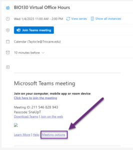 Screenshot of calendar event (Outlook on the web) with arrow pointing to "Meeting options"