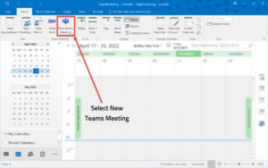 Screenshot of Outlook application interface with arrow pointing to New Teams Meeting icon