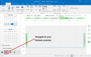 Screenshot of Outlook application interface with arrow pointing to calendar icon