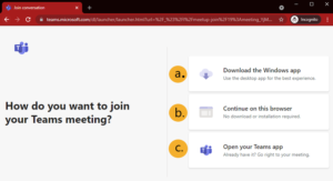 Screenshot of screen that appears when user selects a Teams link (intending to join the meeting)